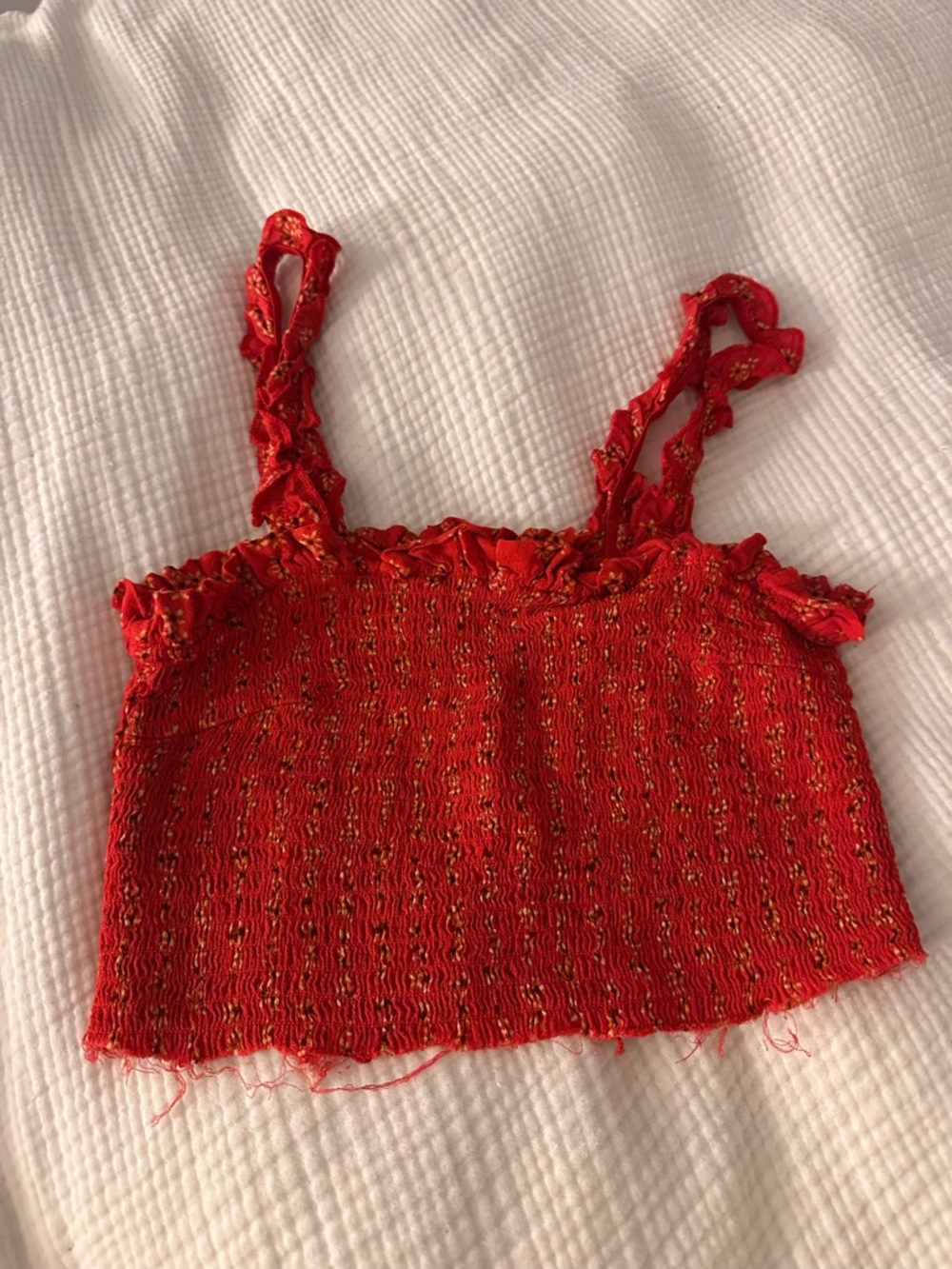 Red Smocked Ruffle Strap Crop Top